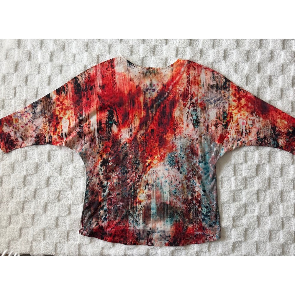 New Directions Womens Batwing Studded Abstract Top Orange/Teal/Red-EUC Sz M - Picture 3 of 11